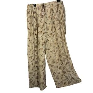 Vintage Silk Lounge Pants Tan Retro Hat Theme Theo Miles Women's 16 Pockets